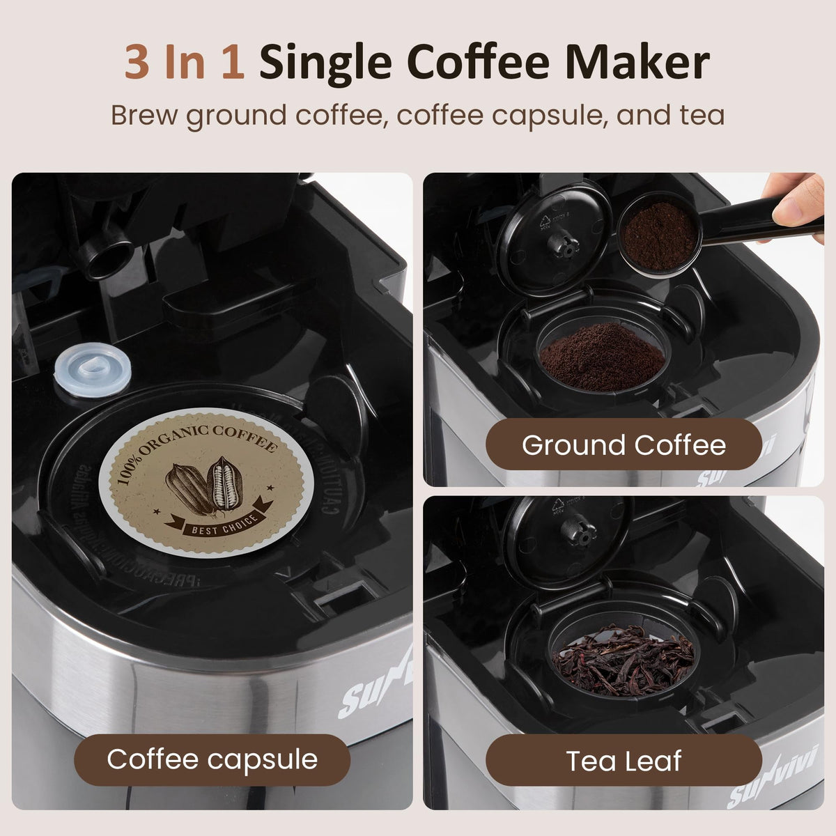 Royalcraft Single Serve Coffee Maker, Coffee Brewer with 3 Brewing Options for K Cup Pod or Ground Coffee, 30oz Removable Water Reservoir , Black