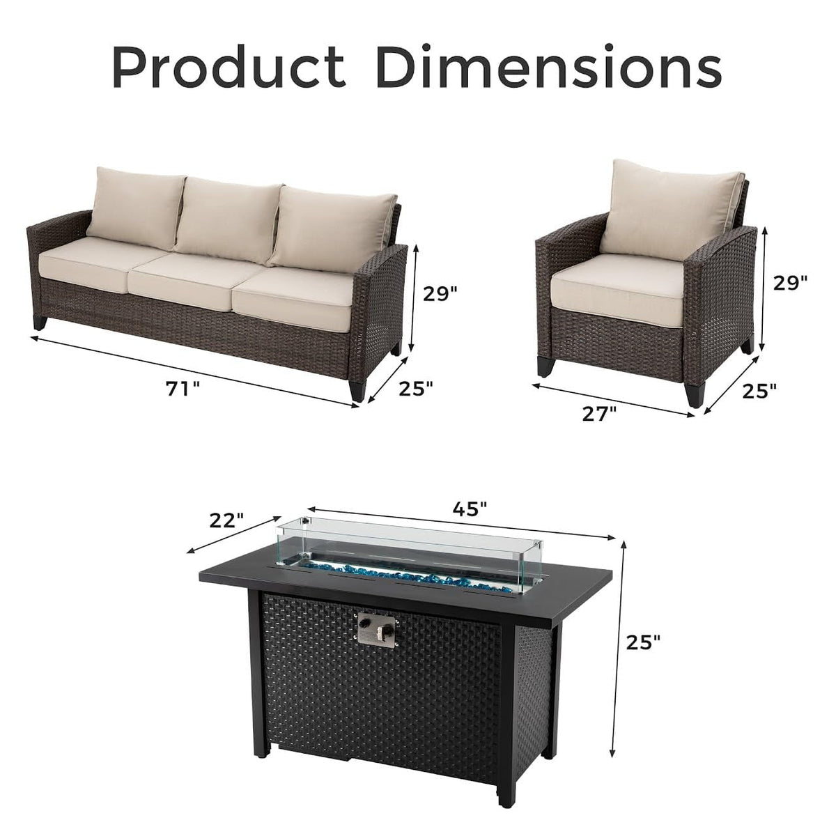 RoyalCraft Outdoor Patio Furniture Set, 4 Piece Outdoor Rattan Sofa Set, All Weather Wicker Conversation Set with Fire Pit Table for Porch Backyard Garden, Khaki