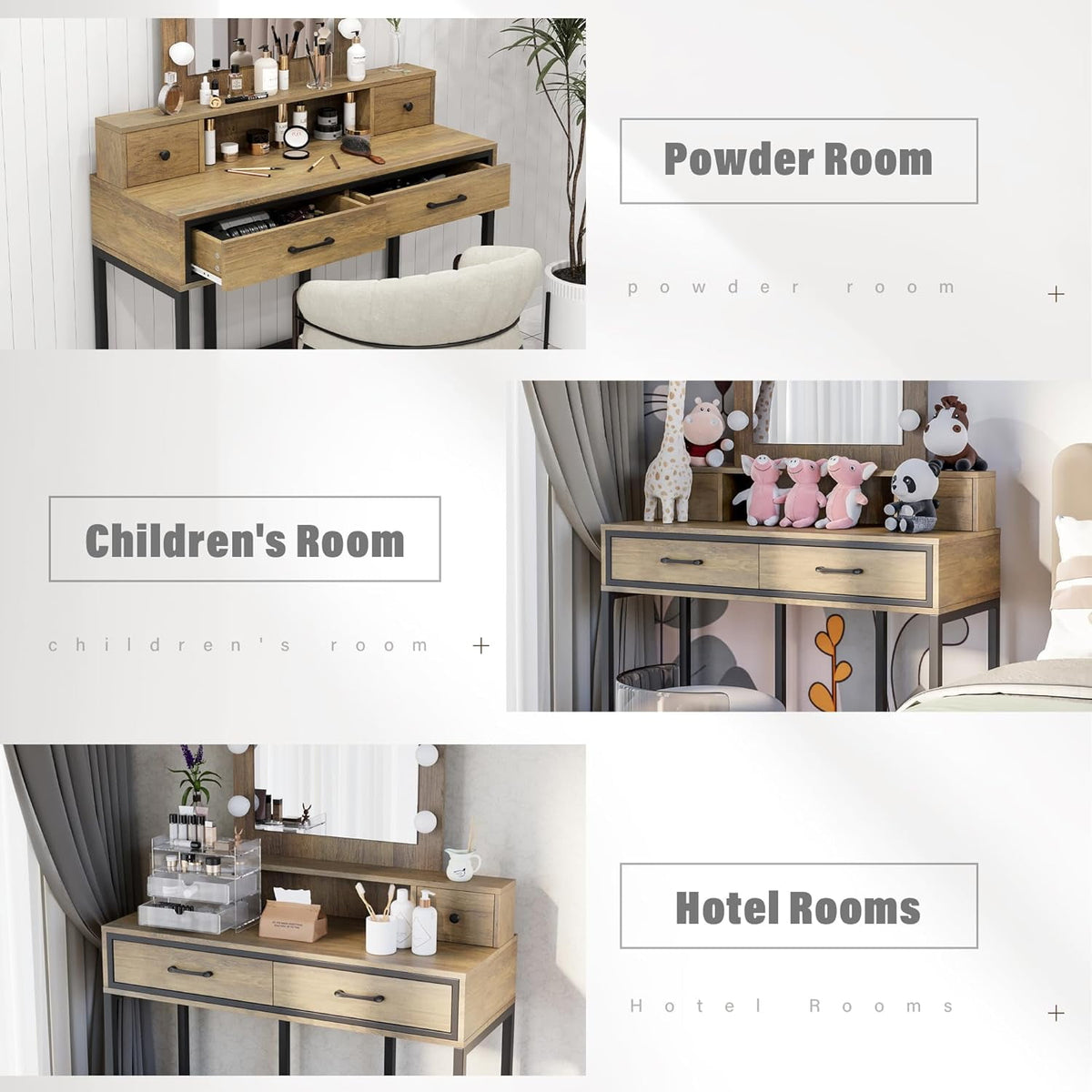 Superjoe Makeup Vanity with 3 Color Dimmable Lighted Hollywood Mirror, Vanity Table with 4 Drawers for Women Girls, Dressing Desk for Bedroom, Beauty Room, Brown