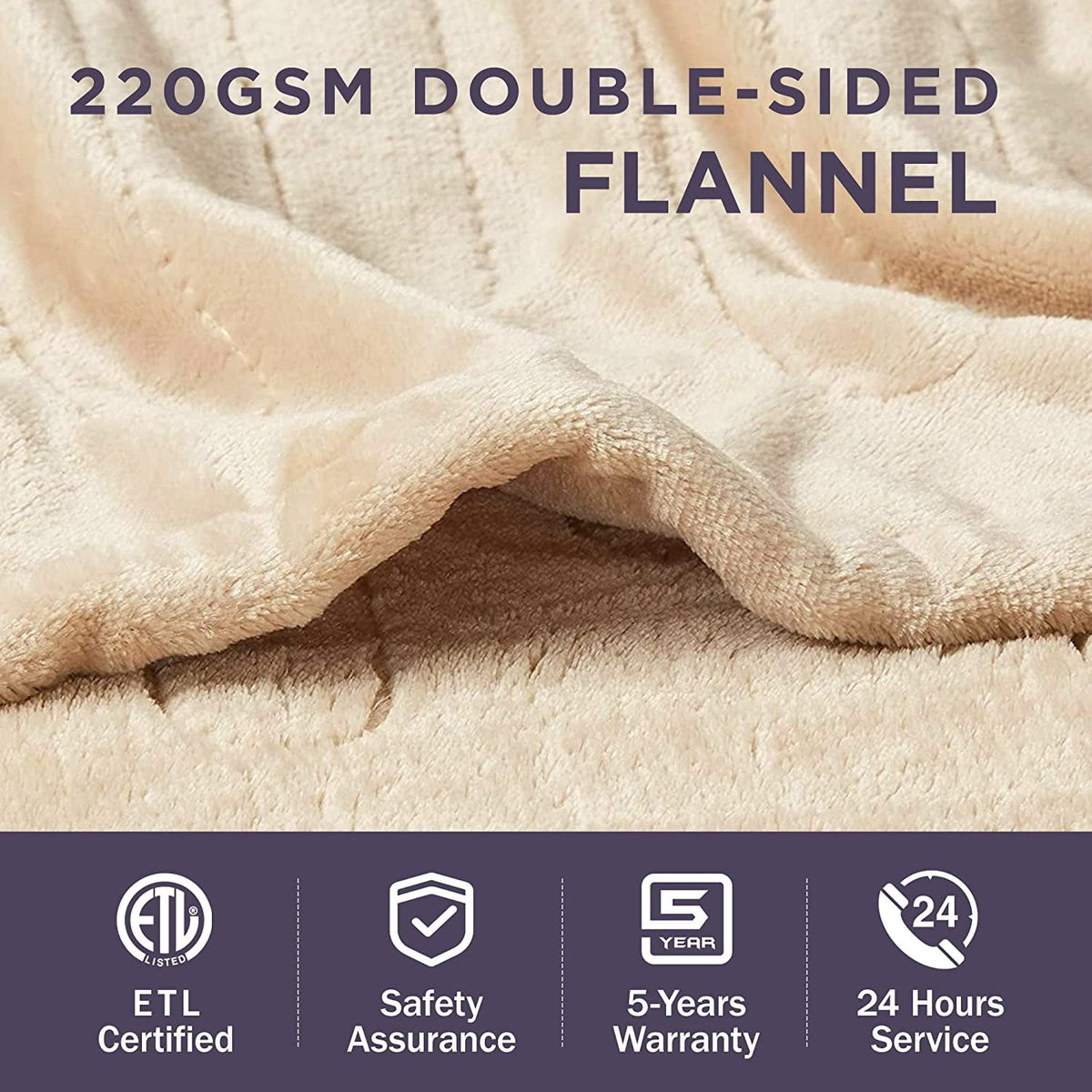 Royalcraft Electric Blanket Queen Size 84"x90" Flannel Heated Throw Blanket, Dual Controls Setting Electric Blanket, 10 Heating Levels, 12H Auto-off, 5 Years Warranty, Machine Washable - White