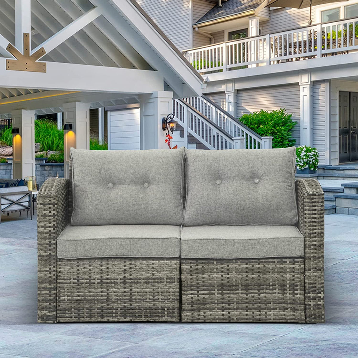 RoyalCraft Modular Collections Patio Sofa Chair with Ottoman, Outdoor Brown Rattan Lounger Sofa Chair Set with Seat and Back Cushions, Aluminum Frame