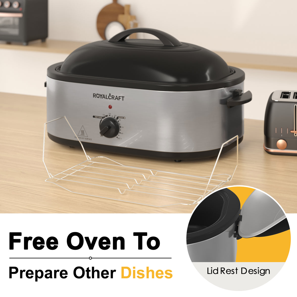 RoyalCraft 18 Quart Turkey Electric Roaster Oven with Self-Basting Lid, Stainless Steel, Silver