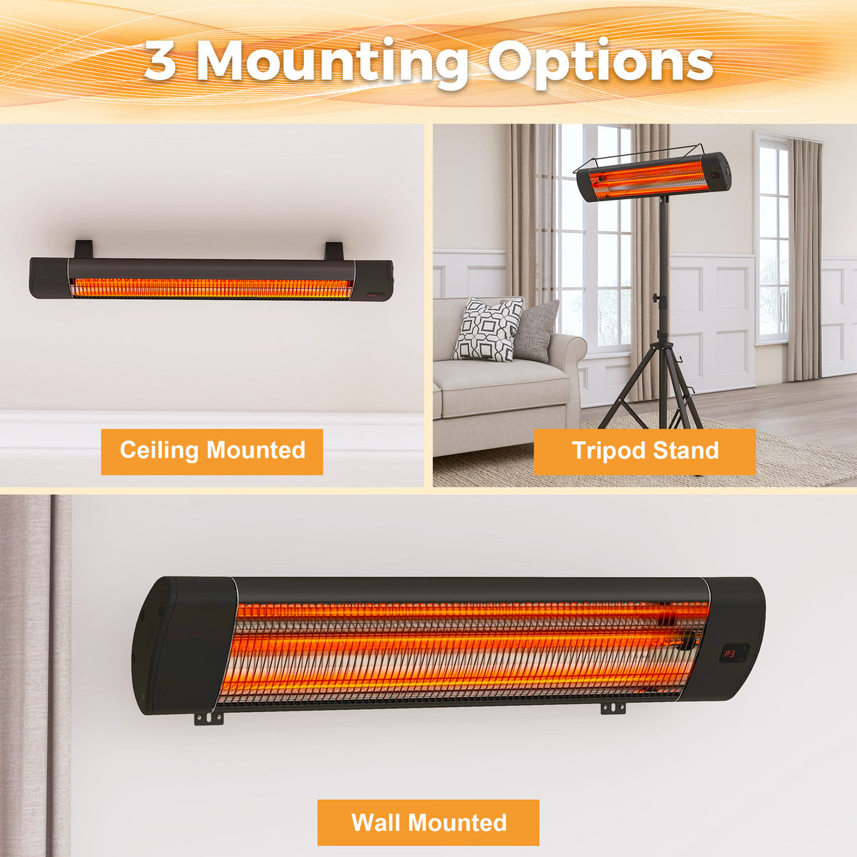 Outdoor 1500W Patio Heater, Electric Outdoor Heater with 24H Timer, IP65 Waterproof, Wall Mounted/Ceiling/Tripod Infrared Heater Outdoor, Electric Infrared Heater for Garage, Backyard, Porch