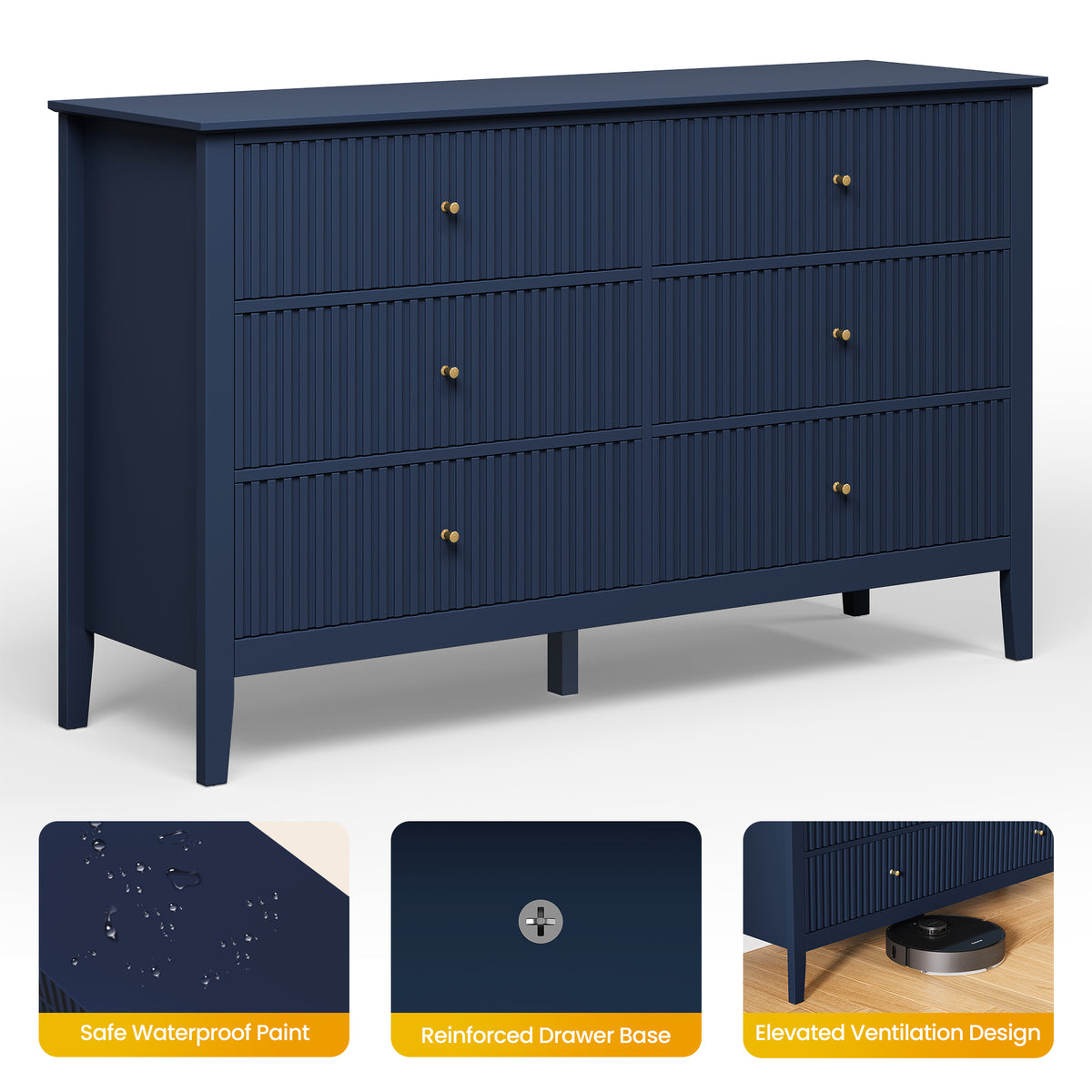 Royalcraft Fluted 6 Drawer Dresser, Wide Modern Chest of Drawers, Large Wood Storage Cabinet Organizer for Bedroom, Living Room, Hallway, Entryway, Blue