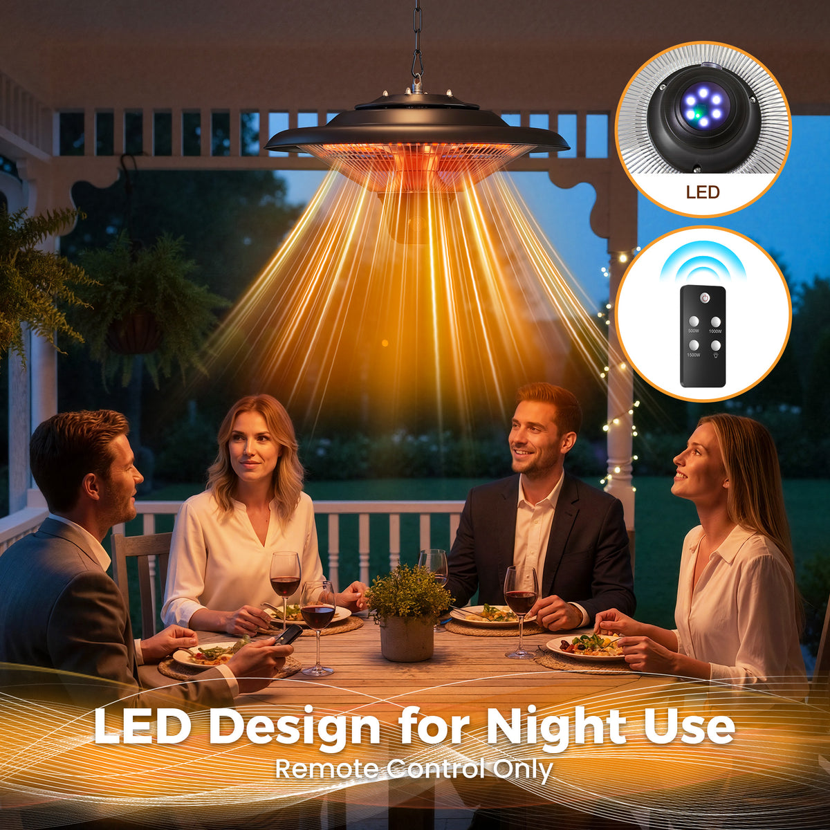 Outdoor Patio Heater, 1500W Outdoor Hanging Heater, Electric Infrared Hanging Heater with 3 Adjustable Modes, Waterproof Ceiling Heater for Porch, Garage, Balcony, Black