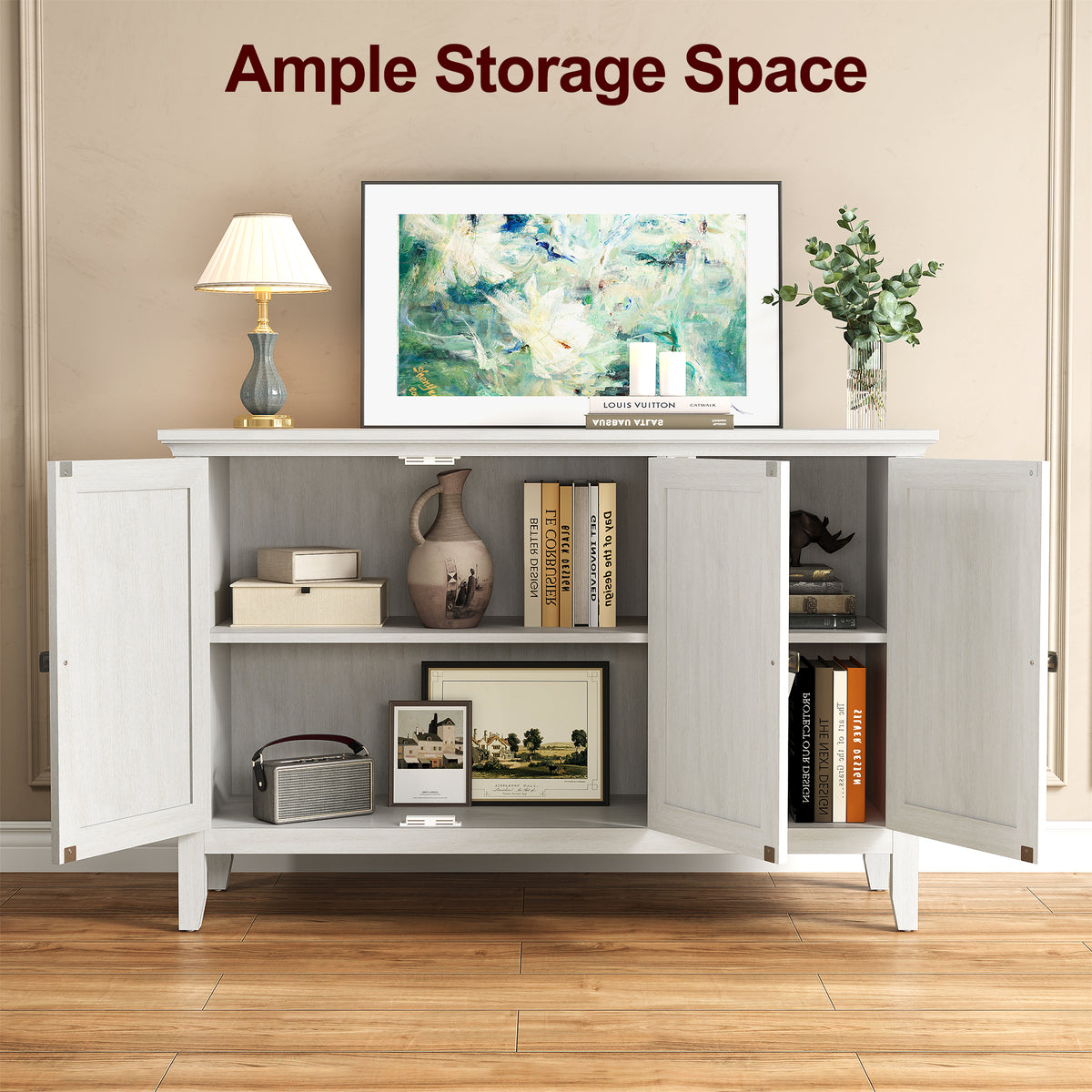 Royalcraft 3-Door Buffet Cabinet with Storage, Bohemian Sideboard with Adjustable Shelves, Wood Credenza Cabinet, Console Table for Bedroom, Living Room, Dining Room, Hallway, Grayish-White