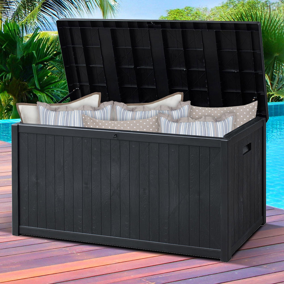 Royalcraft Outdoor Deck Storage Box, Waterproof Outside Patio Rattan Wicker Storage Bin Container with Liner, Large Box for Cushions, Pool Toys and Garden Tools