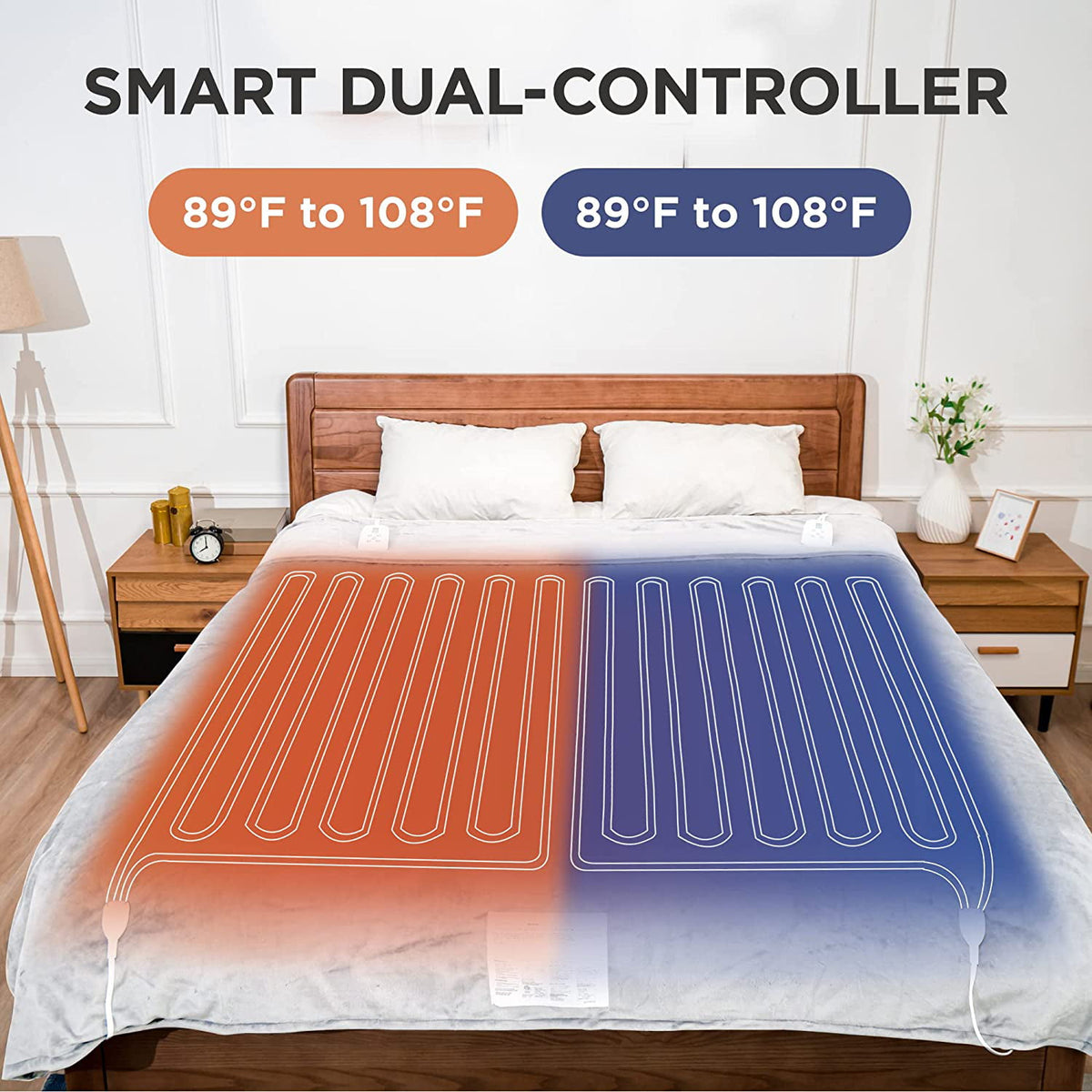 Royalcraft Electric Blanket Queen Size 84"x90" Flannel Heated Throw Blanket, Dual Controls Setting Electric Blanket, 10 Heating Levels, 12H Auto-off, 5 Years Warranty, Machine Washable - White