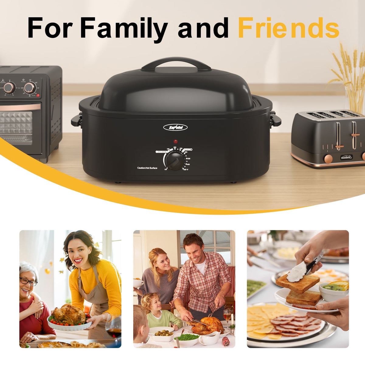 RoyalCraft 20 Quart Electric Turkey Roaster Oven with Visible Glass Lid, with Removable Pan & Rack, Stainless Steel, Black