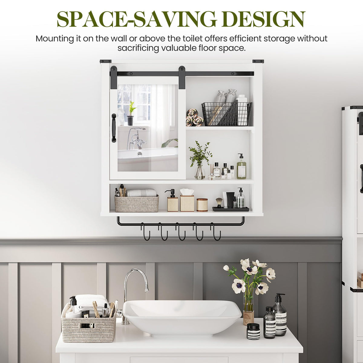 RoyalCraft 28in Bathroom Cabinet Wall Mount with Sliding Mirror Door, Over The Toilet Storage Cabinet, Farmhouse Medicine Cabinet with Shelves and Towel Bar for Living Room, 28" W x 29" H, White