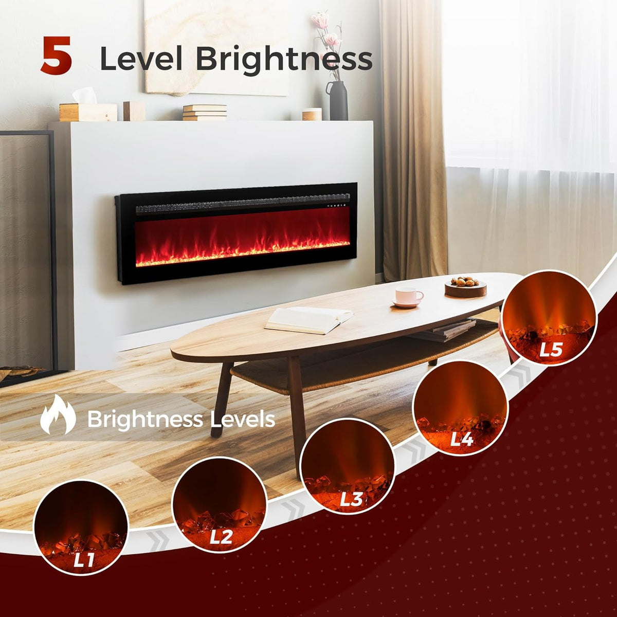 Royalcraft 50 Inch Recessed and Wall Mounted Electric Fireplace, Low Noise Fireplace Heater with 20 Multicolor Flames and 8h Timer, 1400W Heater with Touch Screen and Remote Control, Black