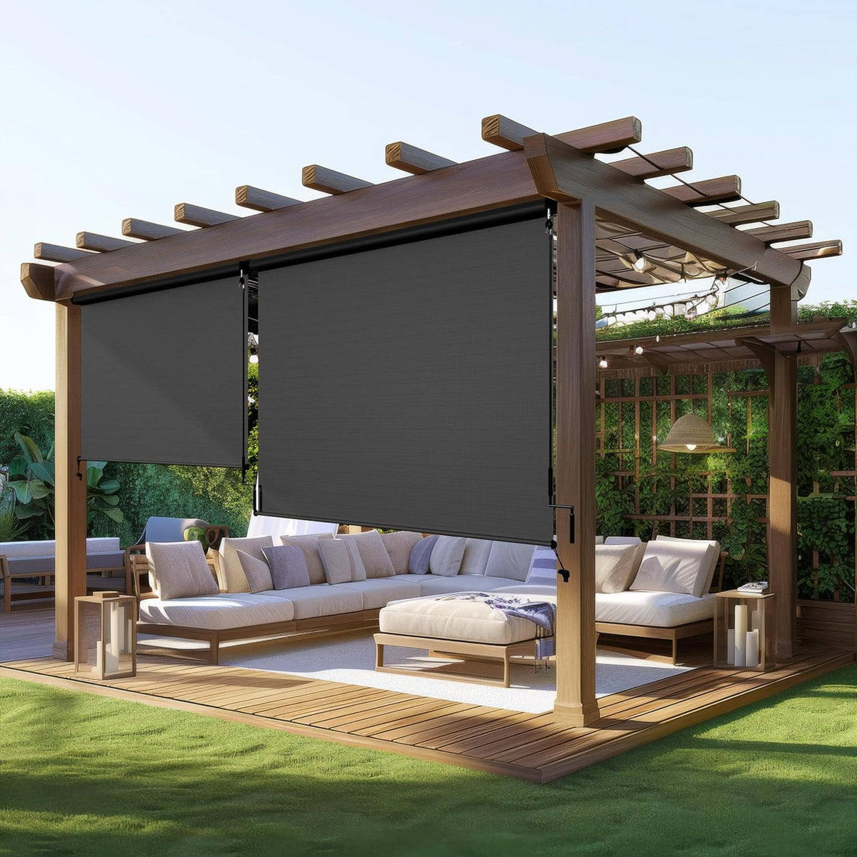 Outdoor Roller Shades for Patio New Material with 95% UV Protection, Cordless Patio Shades Roll Up Outdoor Blinds with Crank Handle for Shading, Protect Privacy, No Valance, (6' W X 8' L), Black