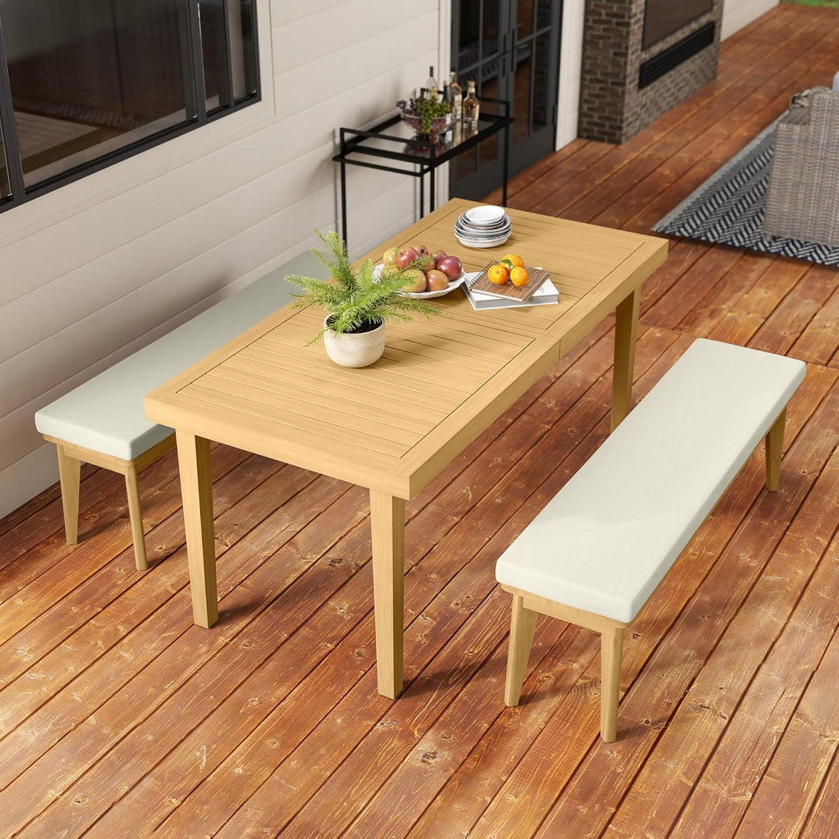 RoyalCraft Acacia 3 Pieces Patio Dining Set with Dining Table and Bench, All-Weather Wood Bench with Cushions, Modern Outdoor Dining Furniture Set for Lawn, Backyard, Garden, Deck, Beige