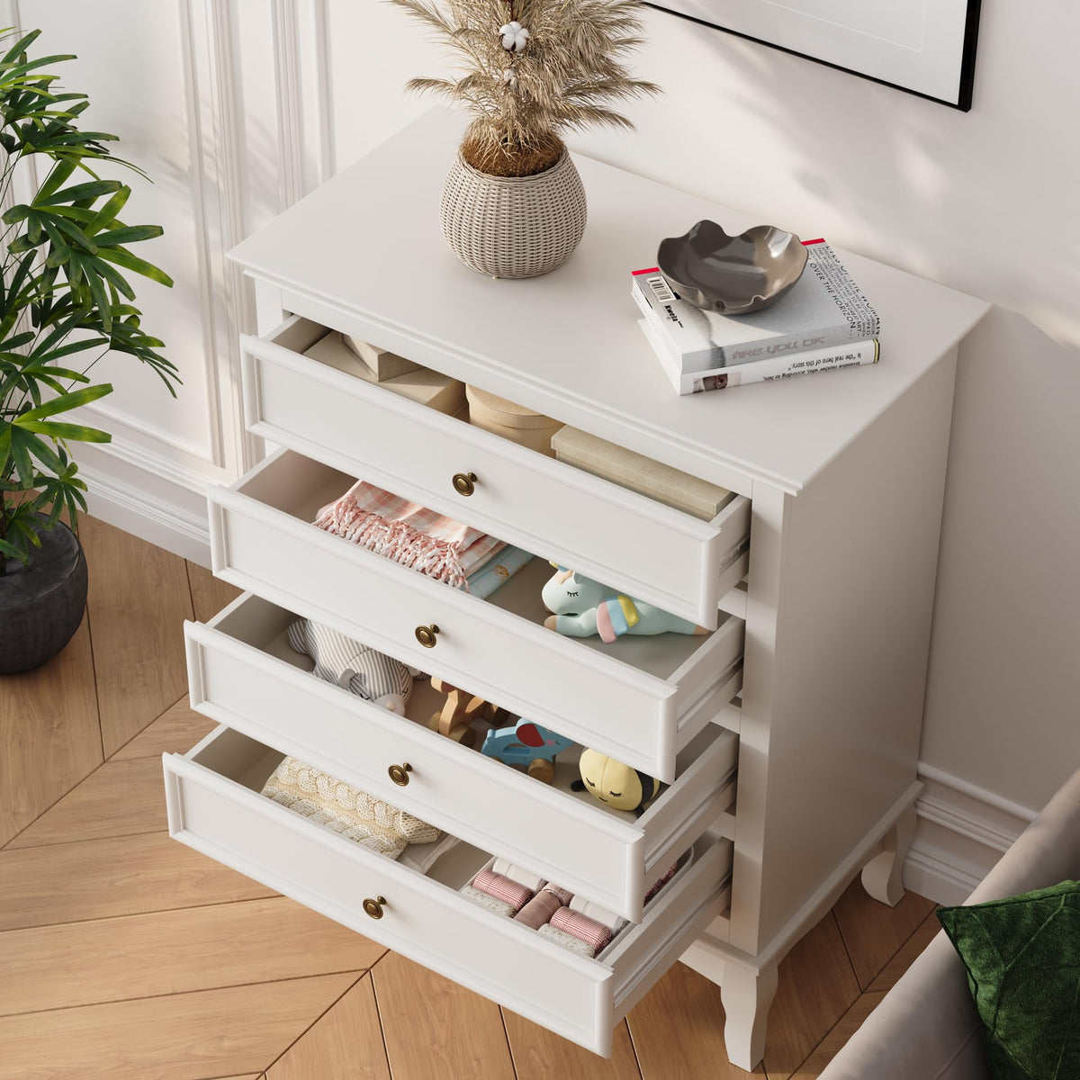 Superjoe White 4 Drawer Dresser, Large Storage Chest with Ball Bearing Slide, Wide Chest of Drawers, Modern Wood Dresser for Bedroom, Living Room, Hallway, Entryway, White
