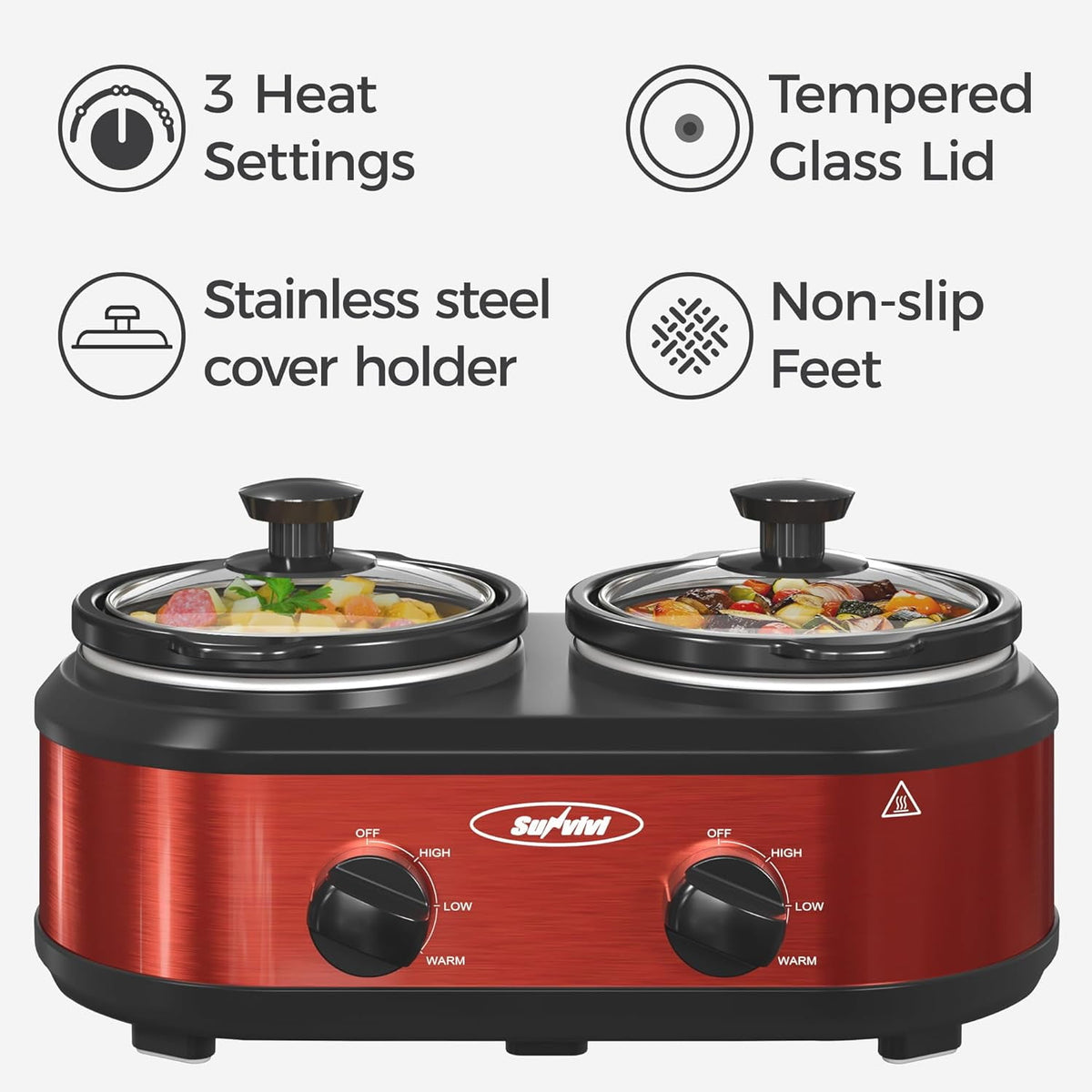Royalcraft Double Slow Cooker,2 Pot Small Mini Crock Buffet Servers and Warmer,Dual Pot Oval Manual Slow Cooker with Adjustable Temp Removable Ceramic Pot,Stainless Steel, Total 2.5 Quarts Black