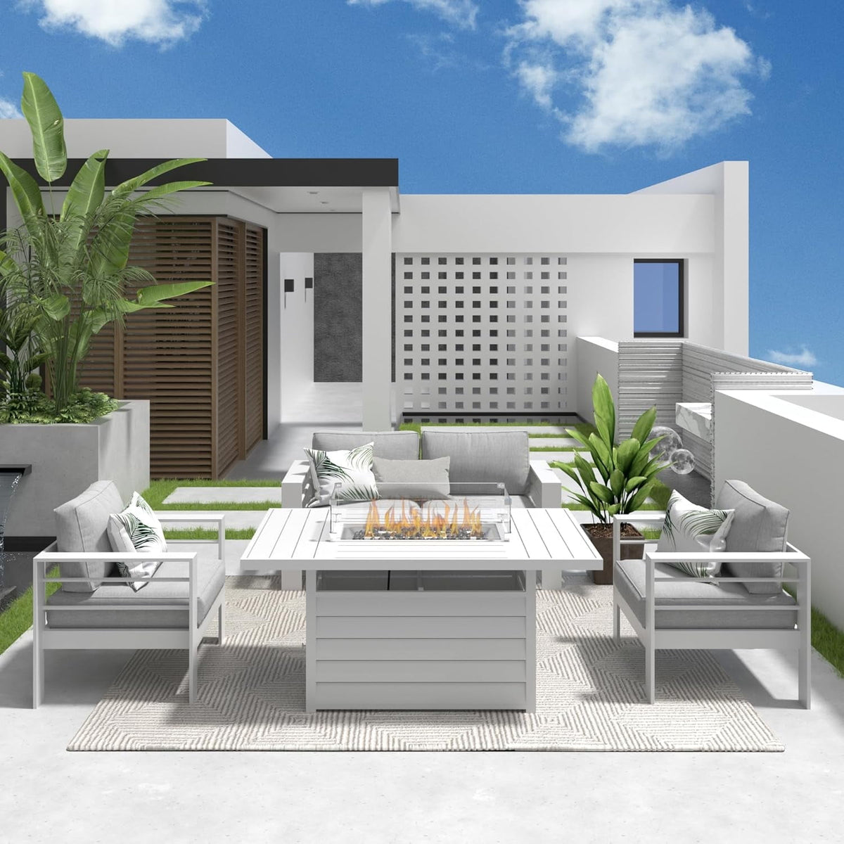 RoyalCarft Aluminum Patio Furniture Set with Fire Pit Table, 4 Piece Metal Outdoor Furniture with Water-Resistant Cushions, Modern Patio Conversation Set for Balcony, Front Porch, and Backyard, White