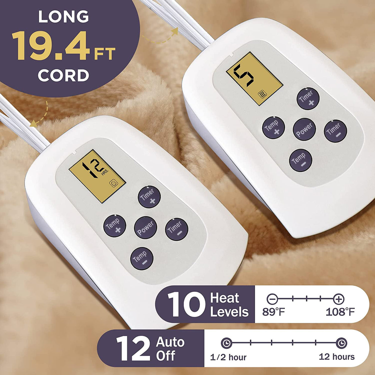 Royalcraft Electric Blanket Queen Size 84"x90" Flannel Heated Throw Blanket, Dual Controls Setting Electric Blanket, 10 Heating Levels, 12H Auto-off, 5 Years Warranty, Machine Washable - Beige