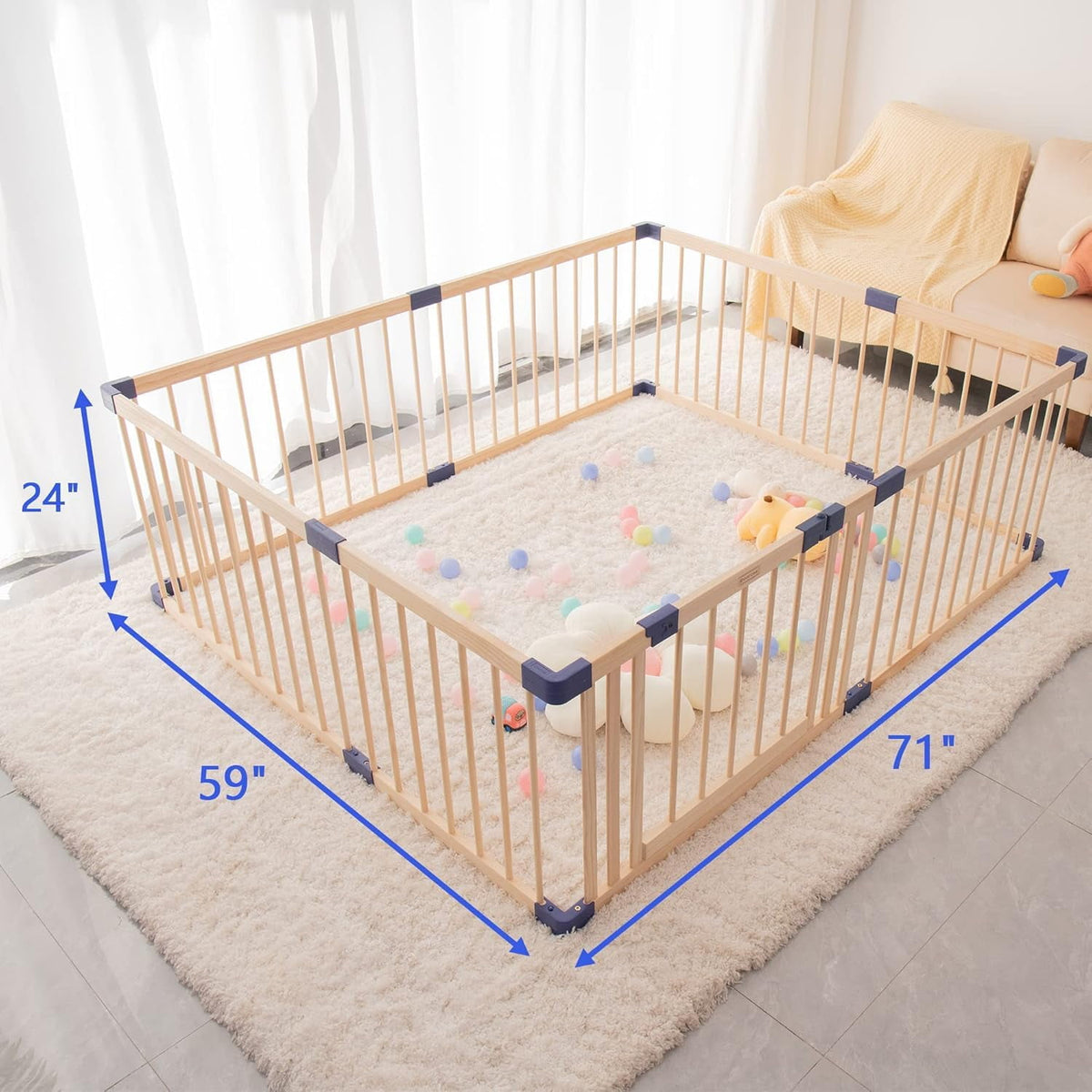 Superjoe Baby Playpen Kids Fence with Safety Gate, Activity Play Center, Safety and Anti-Drop Function, Safety Play Yard Indoor Outdoor Pure Wooden Baby Playpen (71"*59"*24")