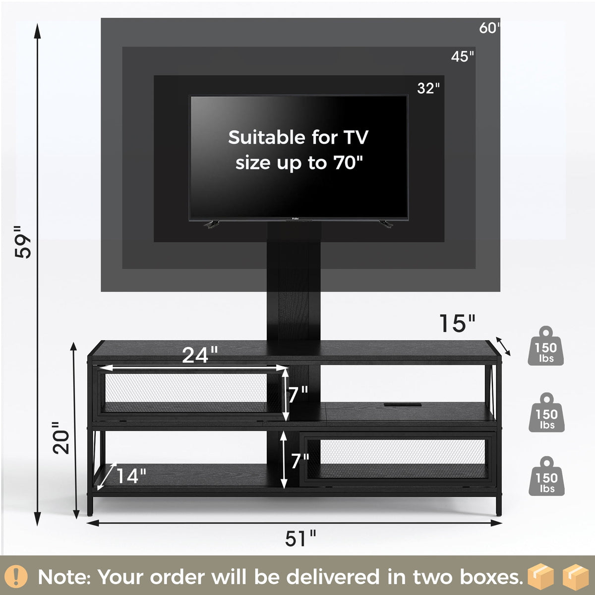 Royalcraft TV Stand with Mount and Power Outlet, 51" Swivel TV Stand Mount for 32/45/55/60/65/70 Inch TVs, LED Entertainment Center with Storage Shelves for Living Room, Bedroom, Office, Black tv stand
