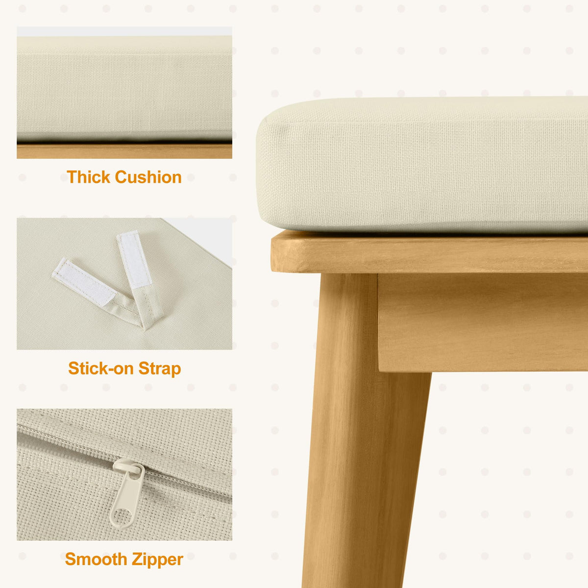RoyalCraft Acacia Patio Bench Set of 2, Upholstered Bench with Thick Cushion, Modern Wood Outdoor Dining Bench for Porch, Backyard, Garden, Indoor, Beige