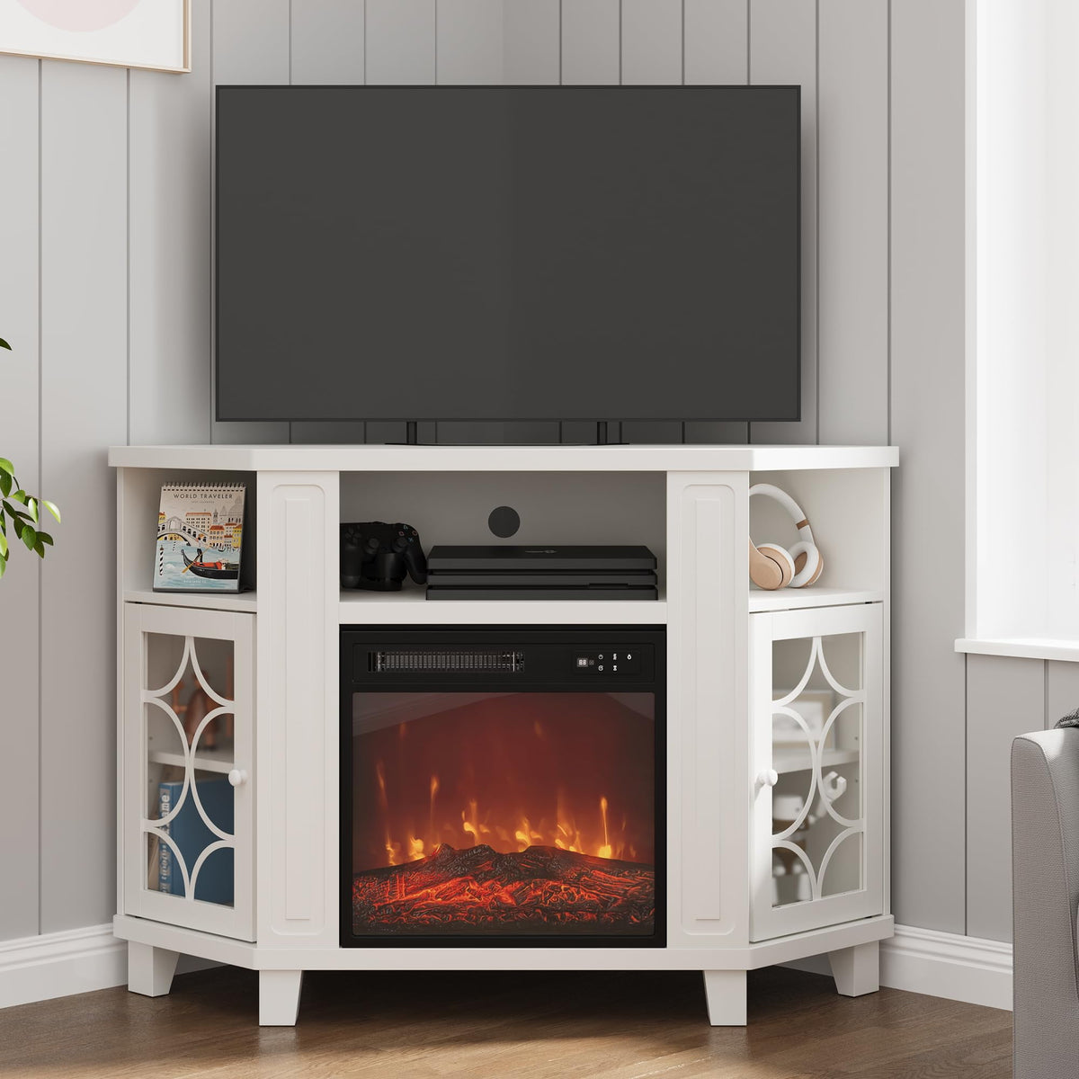 CozyHome Corner TV Stands, Wood Media Console Table with Adjustable Shelves & Acrylic Doors, Modern Entertainment Center for TVs up to 55'', Corner Cabinet for Living Room, Bedroom, White