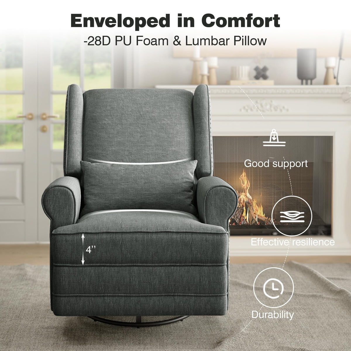 RoyalCraft Swivel Recliner Chair, Comfy Glider Rocking Chairs with Lumbar Pillow and Footrest, Upholstered Swivel Rocking Chair for Bedroom,Nursery, Dark Grey