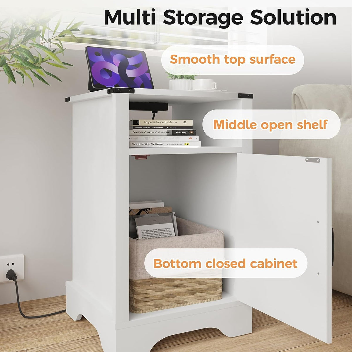 RoyalCraft White Nightstand with Charging Station, Farmhouse Bedside Table with X-Shaped Design,Wooden Rustic End Table with Large Storage Room and Shelf for Bedroom, Living Room, Solid White