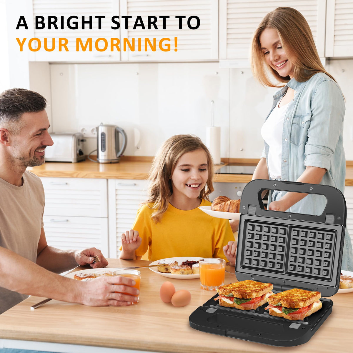 Royalcraft 3 in 1 Electric Sandwich Maker, Panini Press Grill and Waffle Iron Set, Grill and Sandwich Press with Removable Non-Stick Plates, Indicator Lights & Cool Touch Handle, 750W, Black