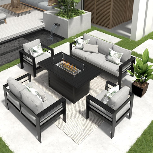 RoyalCarft Aluminum Patio Furniture Set with Fire Pit Table, 5 Piece Metal Outdoor Furniture with Water-Resistant Cushions, Modern Patio Conversation Set for Balcony, Front Porch, and Backyard, Black