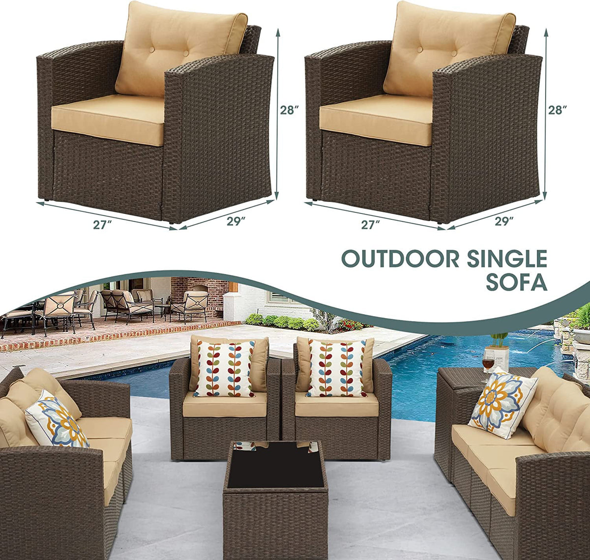 Royalcraft Patio Furniture Set with Cushions, PE Wicker Outdoor Conversation Set Outdoor Sectional Sofa for Garden, Beach, Balcony and Poolside, Aluminum Frame