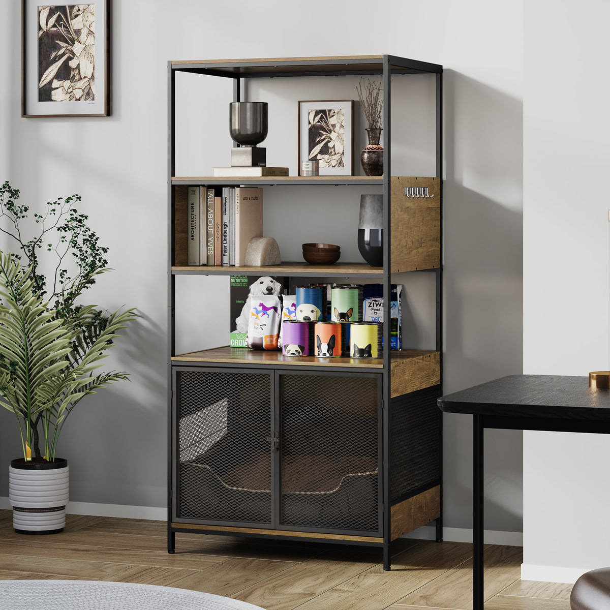 Dog Crate Furniture with Display Shelf, Decorative Dog Crate Industrial Bookshelf with Kennel, Furniture Style Dog Crate for Medium Dog, Cat Litter Box Furniture, Brown