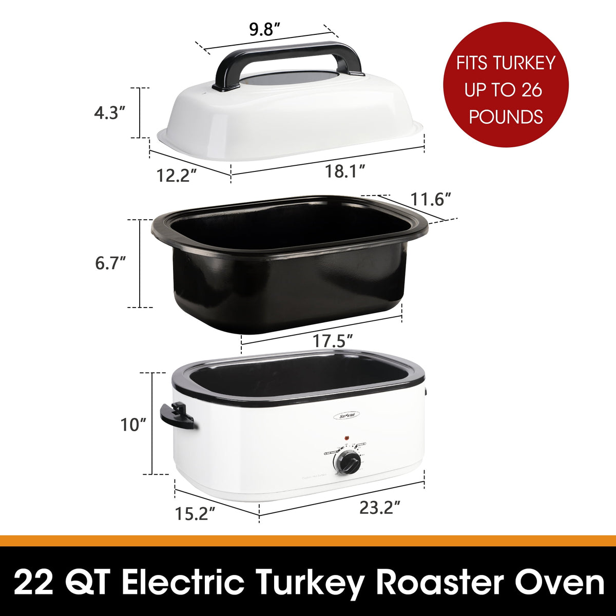 Royalcraft 26 Quart Electric Turkey Roaster Oven with Visible & Self-Basting Lid, Stainless Steel,Black
