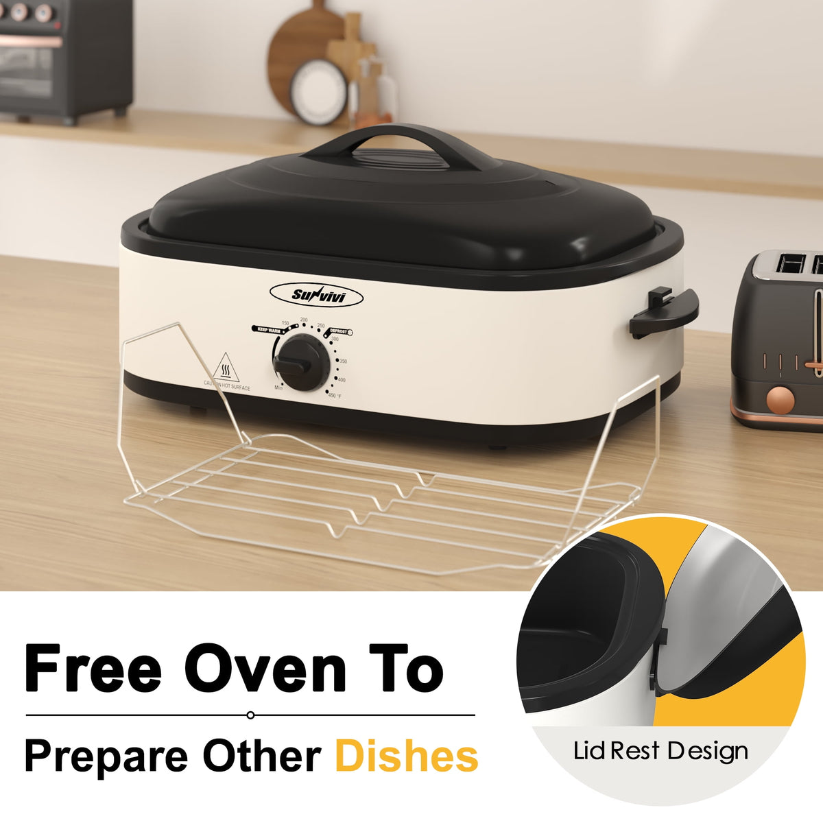 Royalcraft 14 Quart Electric Roaster with Self-Basting Lid, Turkey Roaster Oven with Removable Pan and Rack, Stainless Steel, White