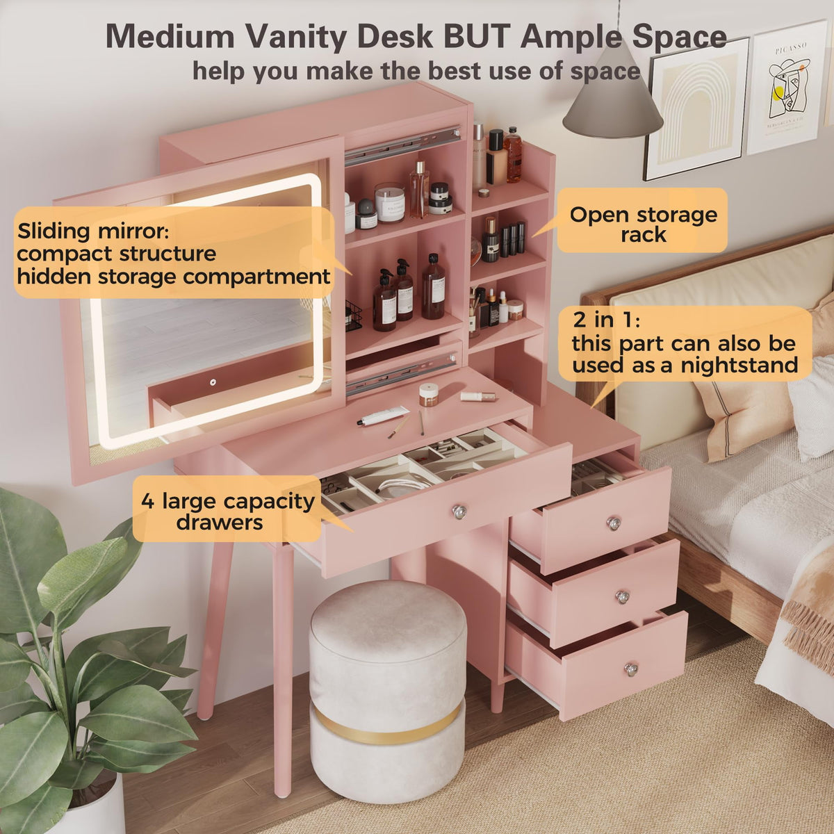 RoyalCraft Vanity Desk with Sliding Mirror and LED Lights, 2 in 1 Wooden Makeup Vanity Desk for Nightstand and Dressing Table, Compact Medium Makeup Table with Sliding Mirror for More Storage Space