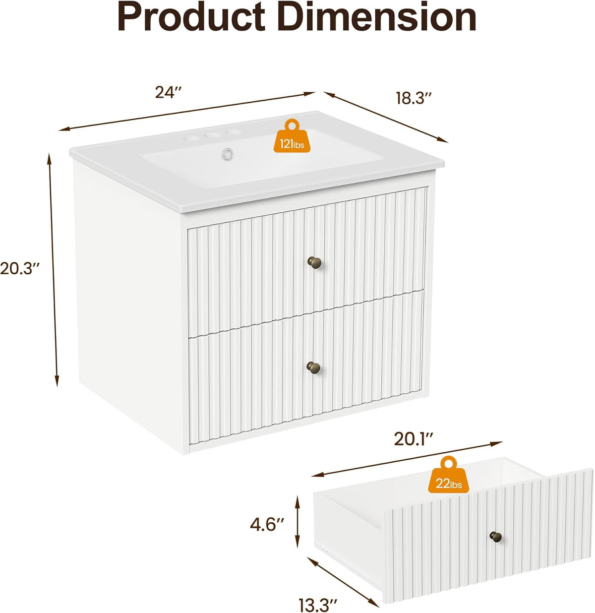 Royalcraft 24'' Bathroom Vanity with Sink, Floating Bathroom Vanity Sink Cabinet with 2 Fluted Drawers, Wall Mounted Bathroom Storage Cabinet with Sink Combo Set, White