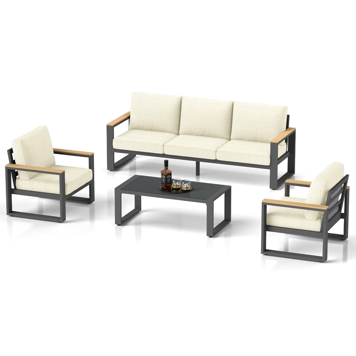 CozyHome Aluminum Patio Furniture, 5-Seats Metal Outdoor Furniture Set with Coffee Table, Modern Patio Sofa Sets Outdoor Conversation Set for Pool Garden Porch Backyard, Beige