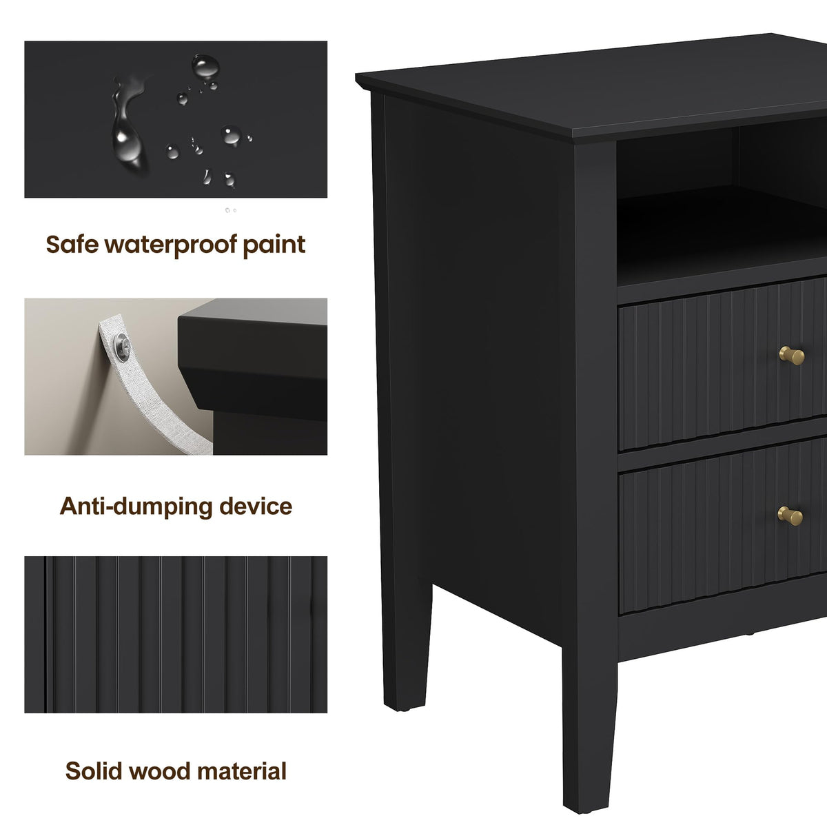 RoyalCraft Fluted Nightstand with 2 Drawers, Modern Wooden Sofa Table with Storage for Small Spaces, Tall End Table for Bedroom, Living Room, Couch Coffee Table