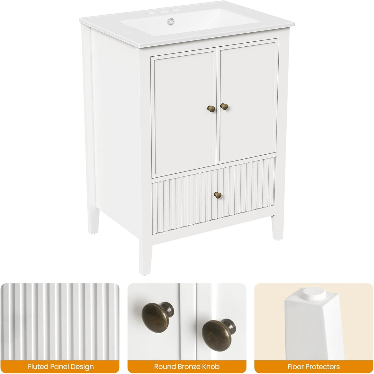 Royalcraft 24'' Bathroom Vanity with Sink, Modern Bathroom Vanity Sink Cabinet with Doors and Fluted Drawers, Free Standing Bathroom Storage Cabinet with Sink Combo Set, White
