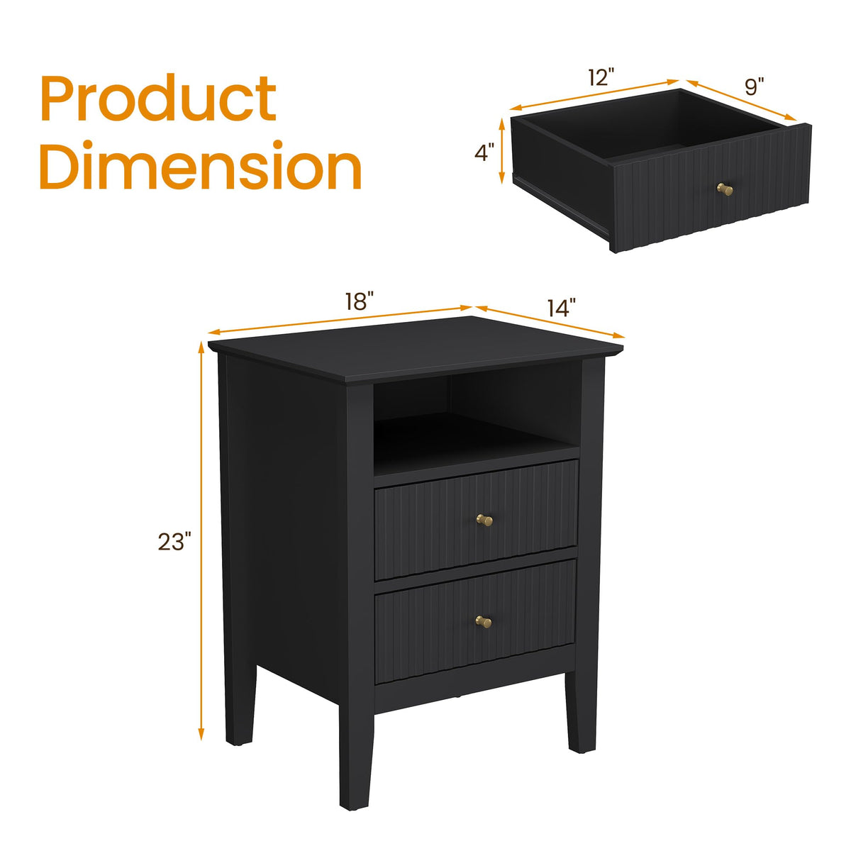 RoyalCraft Fluted Nightstand with 2 Drawers, Modern Wooden Sofa Table with Storage for Small Spaces, Tall End Table for Bedroom, Living Room, Couch Coffee Table