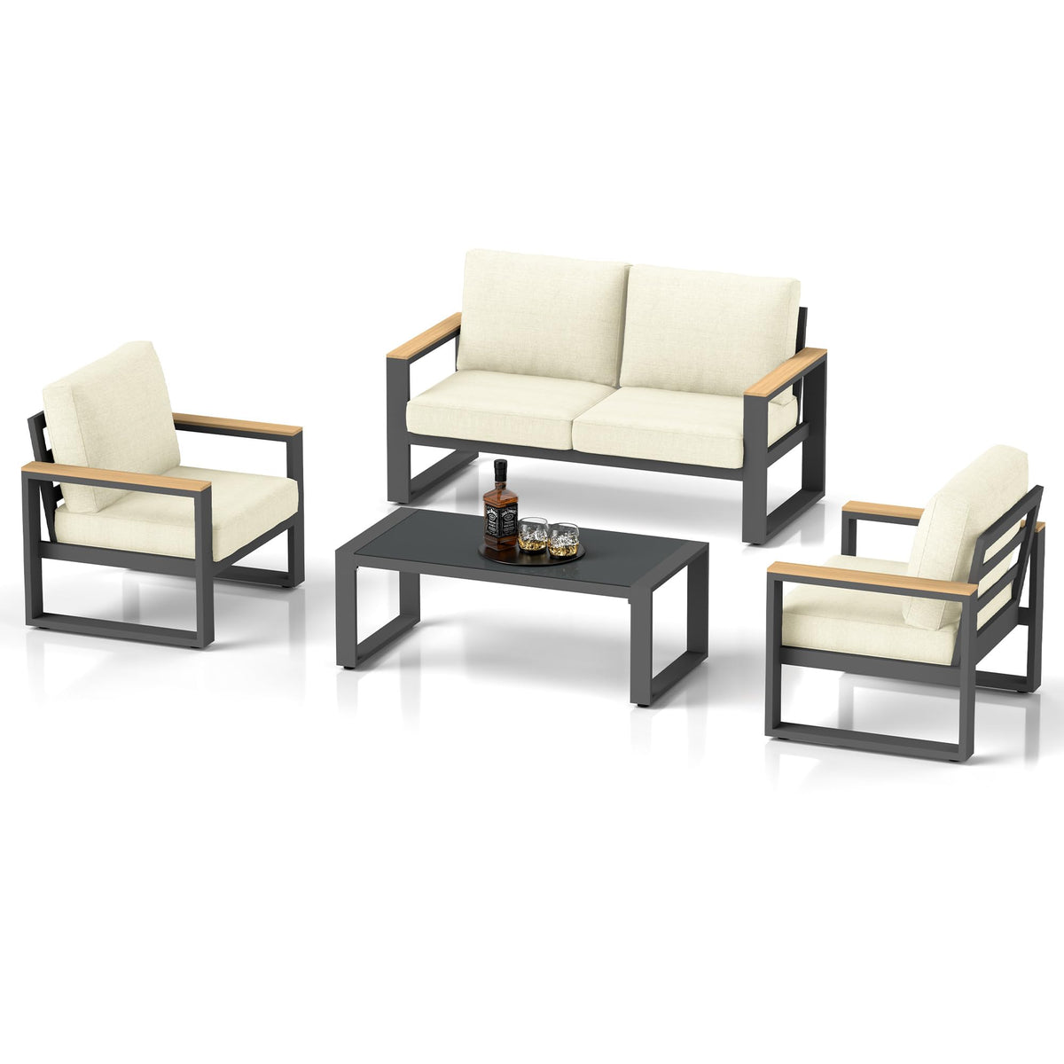 CozyHome Aluminum Patio Furniture, 4-Seats Metal Outdoor Furniture Set with Coffee Table, Modern Patio Sofa Sets Outdoor Conversation Set for Pool Garden Porch Backyard, Beige