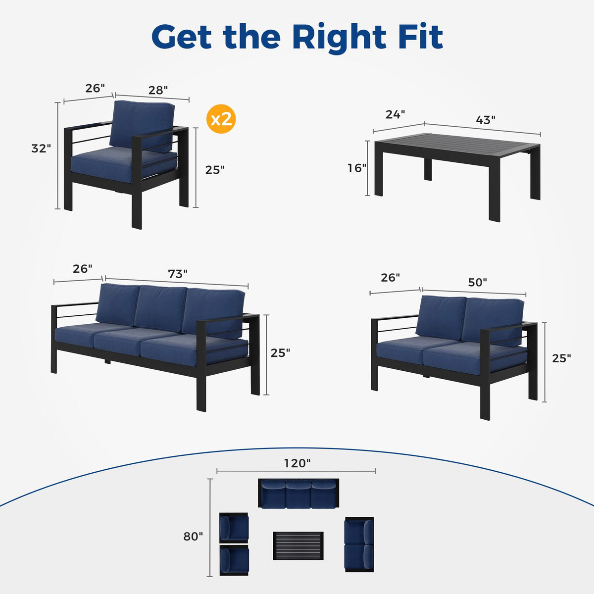CozyHome Aluminum Outdoor Patio Furniture Set, 7 Seats Modern Patio Sectional Sofa Conversation Set, Outdoor Seating Set with Coffee Table for Deck Garden Backyard, Blue