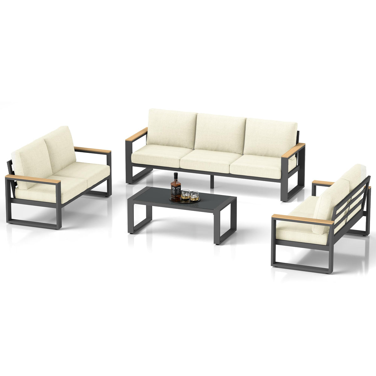 CozyHome Aluminum Patio Furniture Set, 7-Seats Metal Outdoor Furniture Set with Coffee Table, Modern Patio Sofa Sets Outdoor Conversation Set for Garden Pool Porch Backyard, Beige