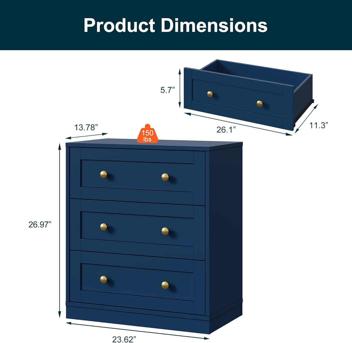 Royalcraft 3-Drawer Nightstand, Spacious Bedside Table with Gold Round Knobs, Modern Wooden End Table, Accent Chest of Drawers for Bedroom, Living Room, Hallway, or Closet