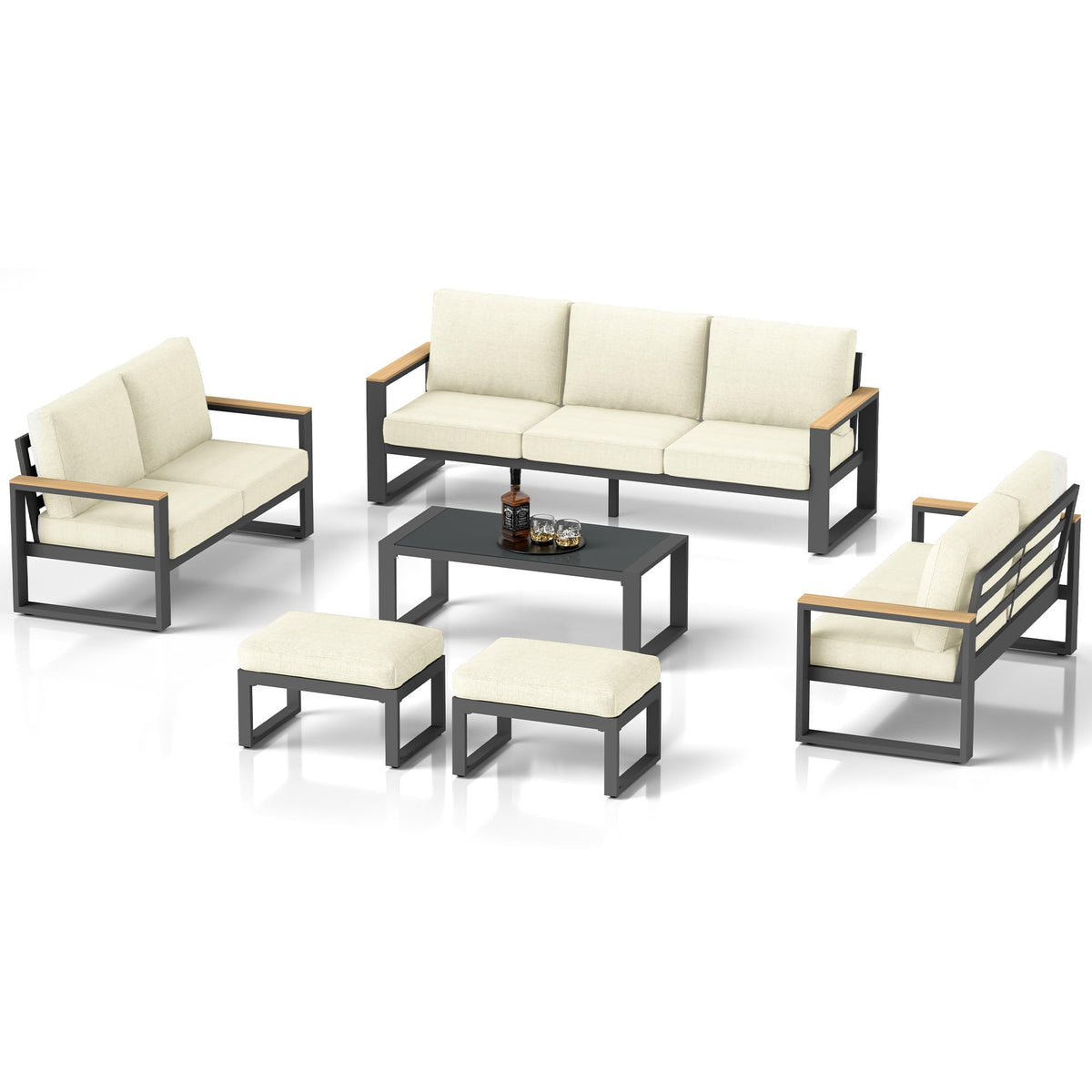 CozyHome Aluminum Patio Furniture, 6 Piece Metal Outdoor Furniture Set with Coffee Table & Ottomans, Modern Patio Sofa Sets Outdoor Conversation Set for Pool Garden Porch Backyard, Beige