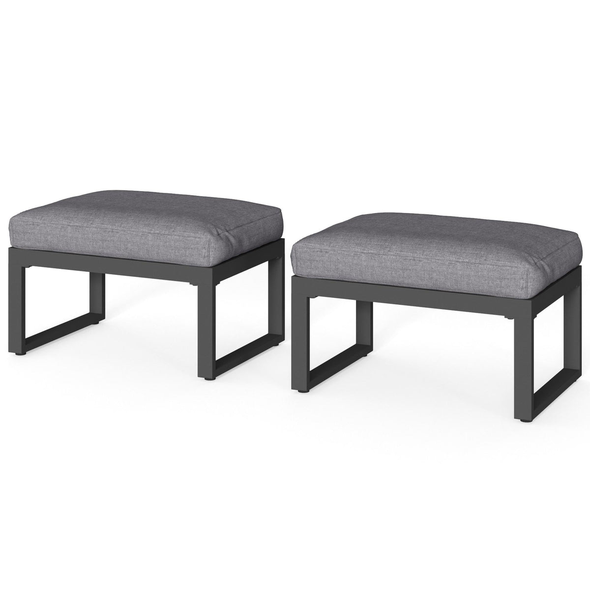 CozyHome 2 Pieces Aluminum Outdoor Patio Ottoman Set, Outdoor Foot Stools with Thick Cushion, Small Seat Furniture for Porch Balcony Backyard, Grey