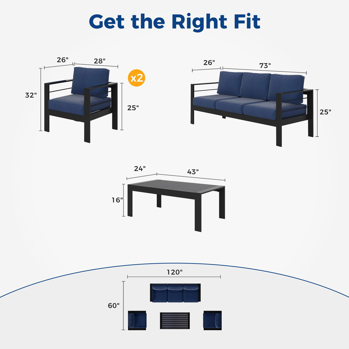 CozyHome Aluminum Outdoor Patio Furniture Set, 5 Seats Modern Patio Sectional Sofa Conversation Set, Outdoor Seating Set with Coffee Table for Deck Garden Backyard, Blue