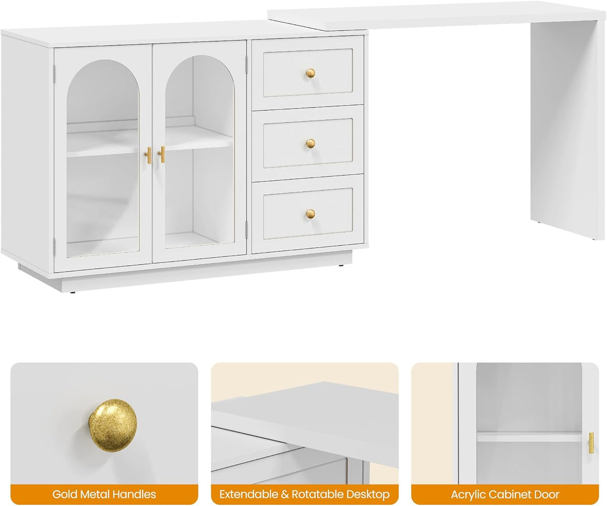 RoyalCraft 83¡± Large Extendable Makeup Vanity Desk, Corner Vanity Table with 3 Drawer & 2 Door, Modern Dressing Table and Chest of Drawers Combo, Accent Vanity for Bedroom, Dressing Room