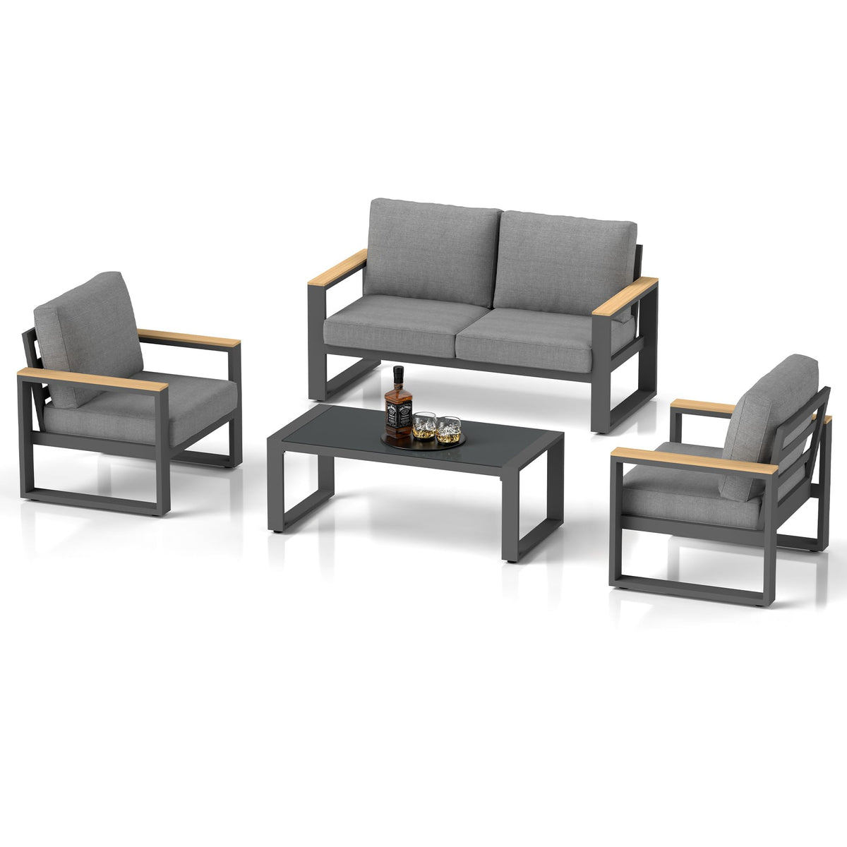 Aluminum Outdoor Patio Furniture Set with Height-adjustable Footrest for Lawn Porches Patio, 4-Seats All-weather Patio Sofa Sets with Coffee Table, Modern Outdoor Patio Conversation set, Grey