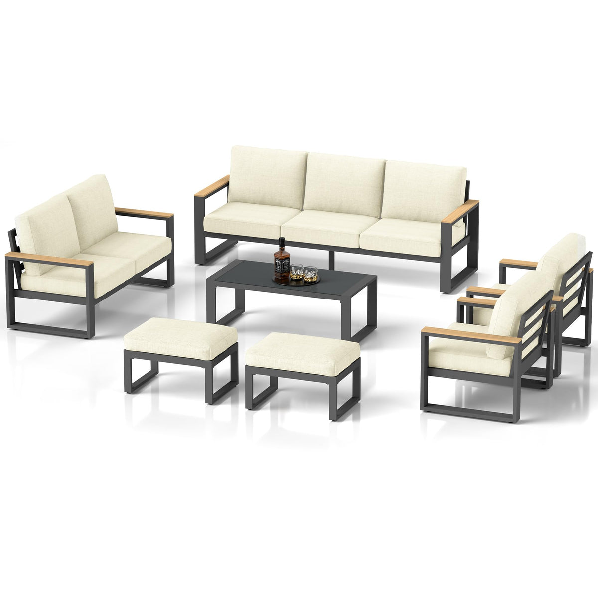CozyHome Aluminum Patio Furniture, 7 Piece Metal Outdoor Furniture Set with Coffee Table & Ottomans, Modern Patio Sofa Sets Outdoor Conversation Set for Pool Garden Porch Backyard, Beige