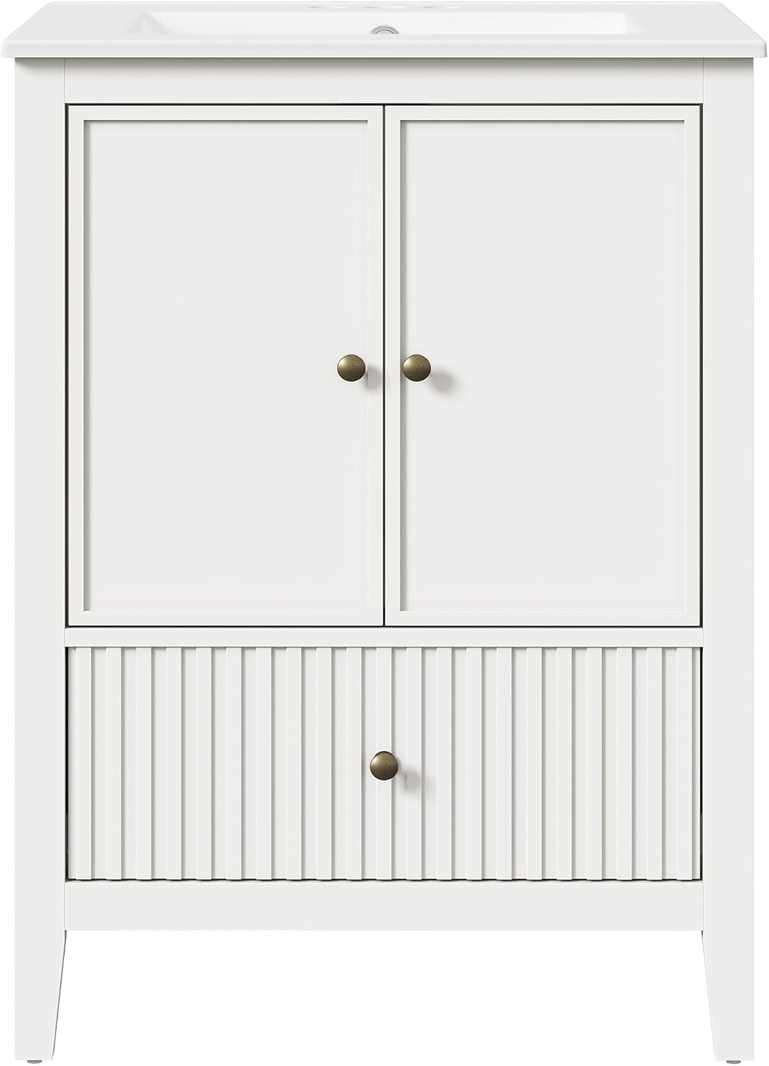 Royalcraft 24'' Bathroom Vanity with Sink, Modern Bathroom Vanity Sink Cabinet with Doors and Fluted Drawers, Free Standing Bathroom Storage Cabinet with Sink Combo Set, White